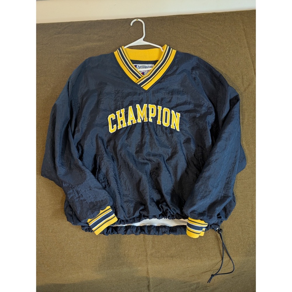 VINTAGE Champion Jacket Mens Extra Large Blue V Neck Windbreaker Lined Spellout
